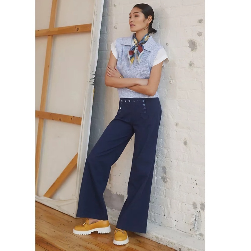 Anthropologie Maeve Sailor Wide-Leg Pants Navy Blue Button Detail Size 4 NWT